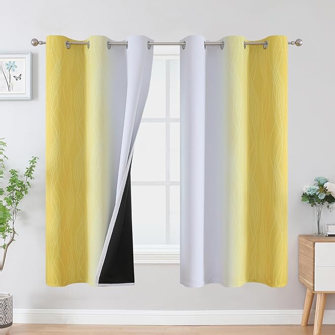 Estelar Textiler Yellow and Greyish White Blackout Curtains for Boys Bedroom, Thermal Insulated Ombre Blackout Drapes, Room Darkening Energy Saving Curtains for Living Room, 42Wx63L, 2 Panels