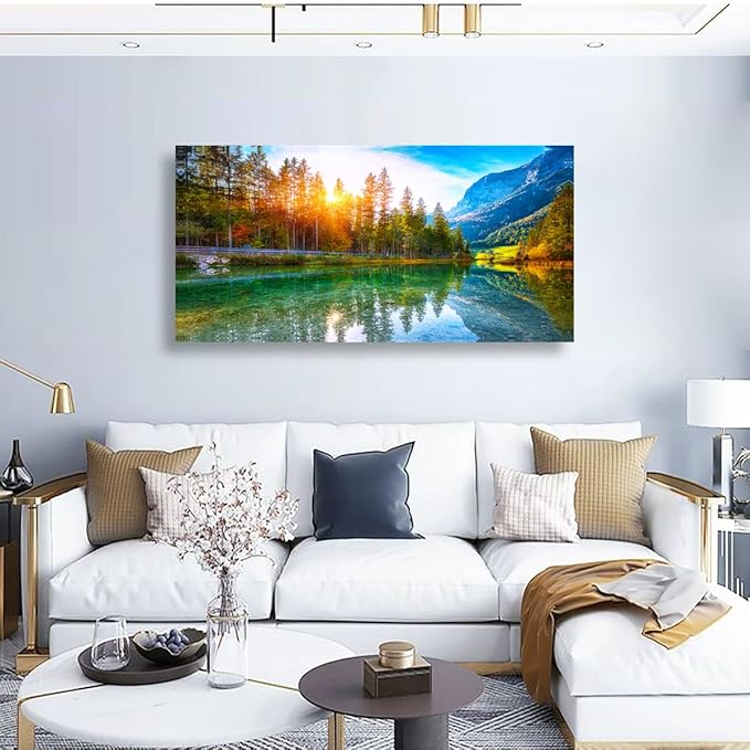 Scenery Canvas Wall Art for Living room Office Bedroom Sunshine Forest Landscape Wall Art Green Nature Pictures Art Print Paintings Modern Mountain Lake Wall Decor Artwork Waterproof -20 * 40inch