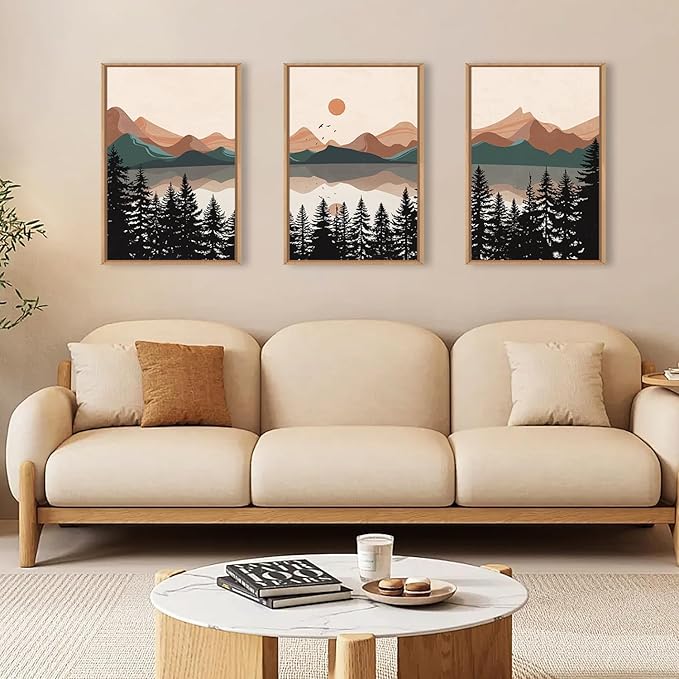 KAIRNE Boho Mountain Wall Art Set of 3-24x36 Inch Framed Canvas Prints, Mountain Lake Sunrise Landscape with Pine Trees, Mid Century Modern Nature Decor for Living Room, Bedroom, Home Office