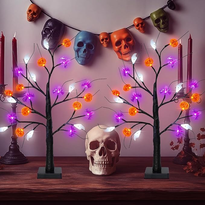 Halloween Decorations Indoor, 2-Pack 2FT Lighted Black Halloween Tree with 48 LED Pumpkin Bat Ghost Lights, Timer Function Battery Operated & USB Powered Spooky Tree Lights for Tabletop Home Party