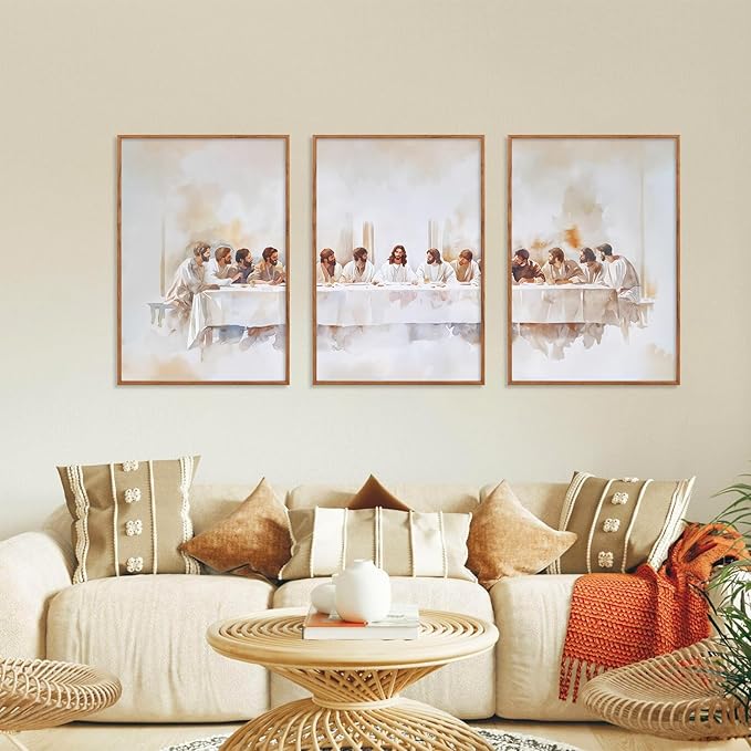 KAIRNE Jesus Last Supper Framed Canvas Wall Art Set, Christian Twelve Apostle Wall Decor, Bible Renaissance wall Painting, Religious Picture Art Print for Living Room, Bedroom, Church, Large 24"x36"x3