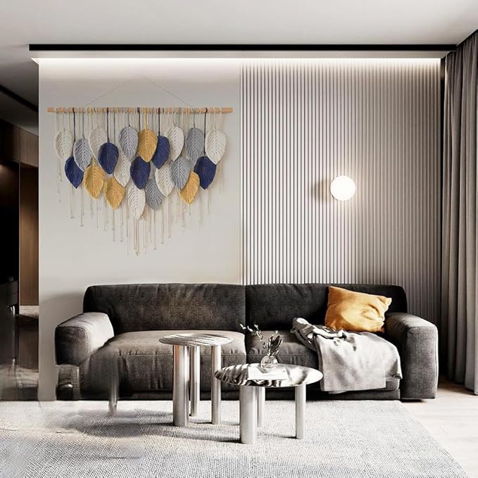 VEKALON Macrame Wall Art Tapestry - Large Boho Chic Woven Wall Hanging Decor for Bedroom, Modern Bohemian Leaf-Shaped Decorations for Office, Living Room, Bathroom(Navy Blue)