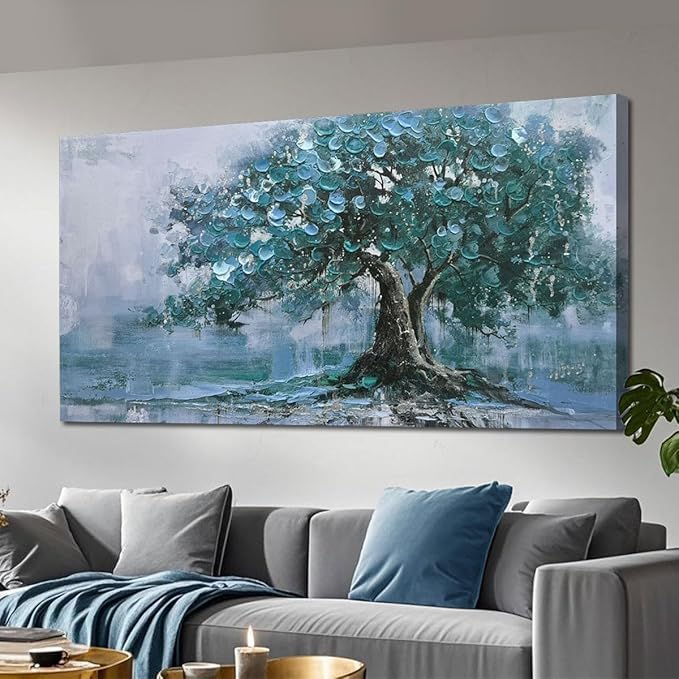Ardemy Extra Large Tree Canvas Wall Art for Living Room Teal Tree of Life Landscape Bedroom Picture Painting Artwork Framed Home Office Dining Room Kitchen Wall Decor, 58"x29"