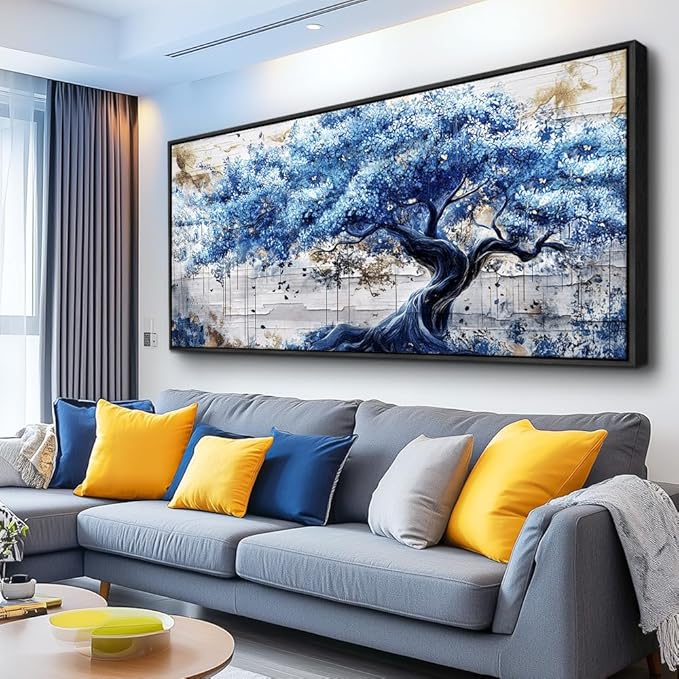 ERQINHUA Large Canvas Wall Decor For Living Room Wall Art For Bedroom Office Home Decor Blue Tree Wall Paintings Farmhouse Abstract Watercolour Pictures Artwork Ready To Hang 32x72 In Black Framed