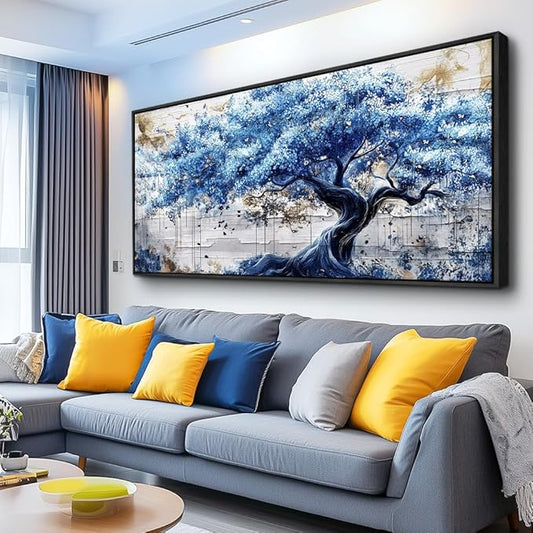ERQINHUA Large Canvas Wall Decor For Living Room Wall Art For Bedroom Office Home Decor Blue Tree Wall Paintings Farmhouse Abstract Watercolour Pictures Artwork Ready To Hang 32x72 In Black Framed
