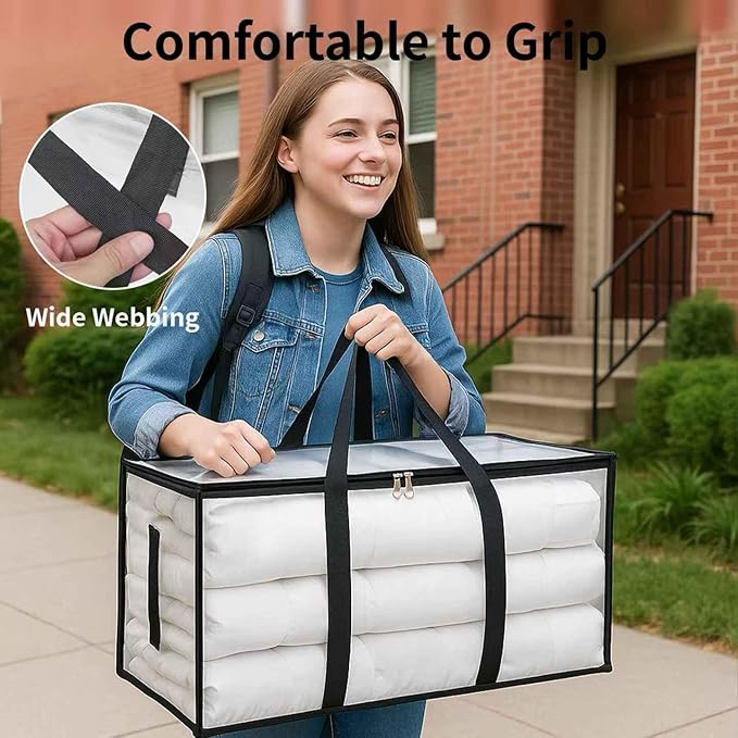 6 Pack-Extra Large Heavy Duty Moving Bags - Waterproof Storage Totes with Handles & Zippers, Foldable for College Dorm, Storage (Clear)