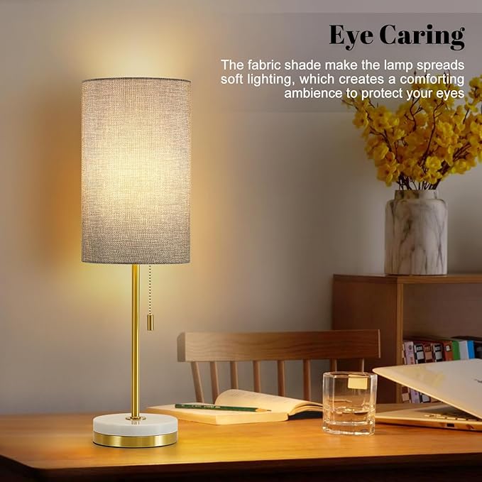 Luvkczc Minimalist Table Lamp Set of 2, Nightstand Lamp for Bedroom Living Room, Modern Pull Chain Bedside Lamp with Marble Base, Fabric Shade, Small Desk Lamp for Home, Office, Reading,Grey