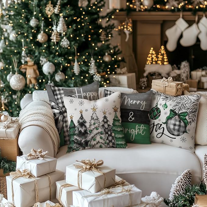 GEEORY Christmas Throw Pillow Covers 20 x 20 Inch Set of 4, Xmas Trees Merry and Bright Happy Holidays Farmhouse Decorative Cushion Cases for Home Decoration G584-20