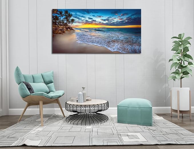 Large Sunset Beach Canvas Wall Art for Living Room Coastal Painting Wall Decor Seascape Picture Nature Ocean Artwork Poster Print for Office Bedroom Decoration 24"x48"
