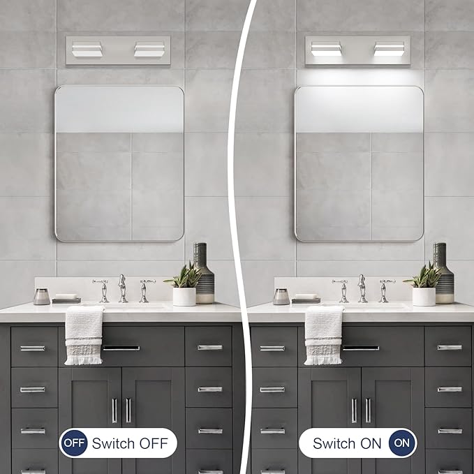 SineRise LED Modern Bathroom Vanity Light Fixtures (2-Light, 15.5-Inch, Dimmable), Brushed Nickel Modern Acrylic Bathroom Wall Lighting Fixtures Over Mirror (Cool White 6000K)