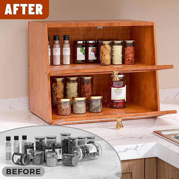 Bread Box for Kitchen Countertop Wooden Bread Bin Farmhouse Bread Storage Container Large Breadbox Holder with Window (Brown)