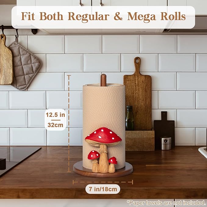 Mushroom Paper Towel Holder - Cottagecore Decor Mushroom Kitchen Home Cottagecore Accessories Cute Stuff, Unique Wood Paper Towel Holder Stand Kitchen Countertop 12.5×7 in