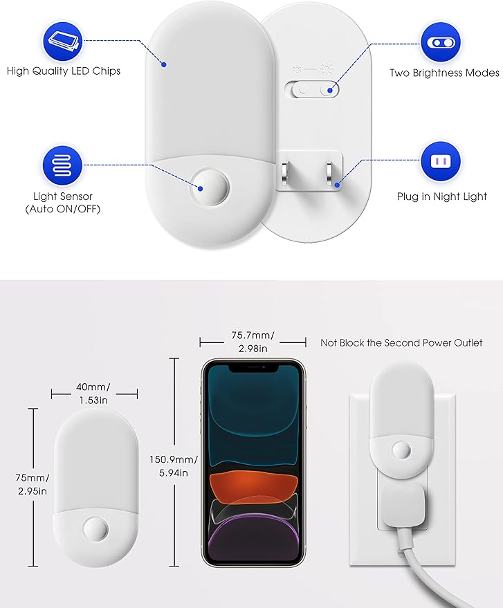 Blue Night Light, LOHAS Night Lights Plug into Wall[2 Pack], 0.6W LED Nightlight, Dusk to Dawn Sensor, 30/60LM Adjustable Brightness, Automatic Night Light for Kid, Bathroom, Nursery, Hallway