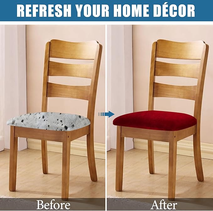 Smiry Velvet Seat Covers for Dining Room Chair Set of 2, Stretch Fit Removable Washable Chair Seat Cushion Protector Slipcovers with Ties, Wine Red