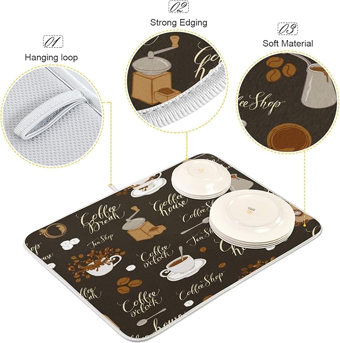 Coffee Beans Dish Drying Mat for Kitchen Counter 18 x 24 Inch Absorbent Microfiber Dry Dishes Mats Drainer Mat Dish Drying Pad for Countertops