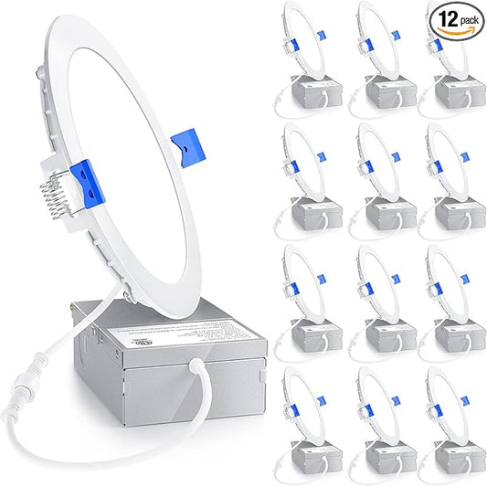 Ensenior 12 Pack 6 Inch LED Recessed Light, Dimmable, 5000K Daylight, 1200LM High Brightness, 12W 120V, Damp Rated, ERL-12X-ETL, Ultra-Thin Canless Wafer Light - ETL & FCC & IC