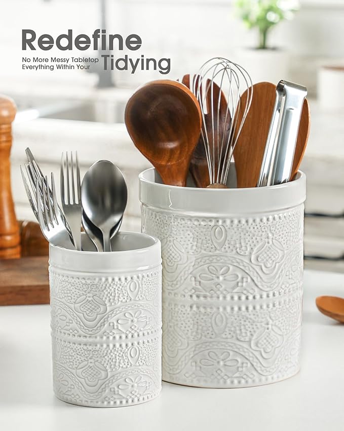 FUN ELEMENTS Kitchen Utensil Holder, 7.2+5.5" Super Large Utensil Crock Heavy and Stable Lace Emboss Ceramic Utensil Holder for Kitchen Counter(2Pcs Bright White)