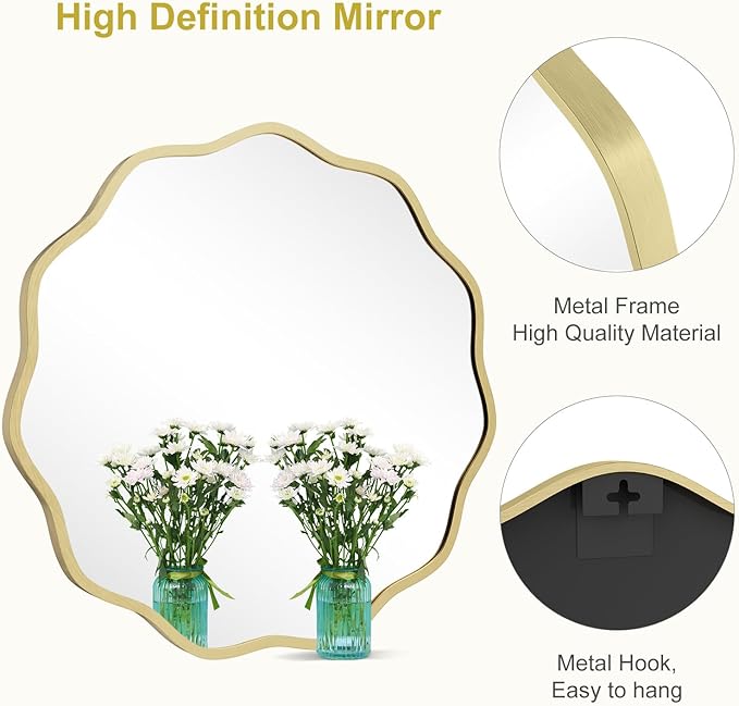 WallBeyond Round Wavy Mirror for Wall Decorative 24 inch, Modern Round Mirror Aluminum Frame for Bathroom Bedroom Living Room Home House Office Entryway, Gold