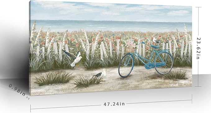 Canvas Wall Art for Living Room Boho Beach Coastal Floral Print Seaside Blue Bicycle with Pink Flowers Seagull Seascape Painting Seashore Wildflower Landscape Vintage Farmhouse Decor Artwork 48x24inch
