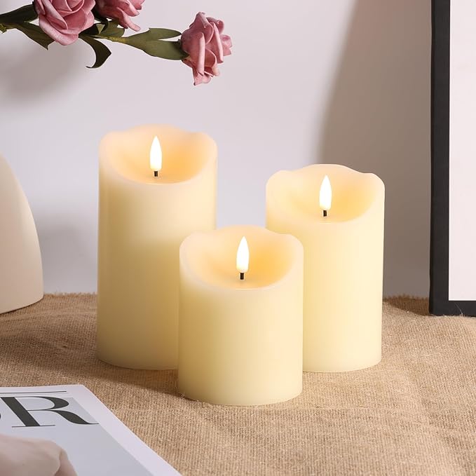 Eywamage Ivory Flameless Pillar Candles with Remote, Flickering Realistic LED Battery Wax Candles Set of 3, Φ 3" H 4" 5" 6"
