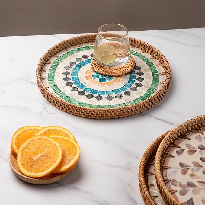 11.81" Decorative Round Mother Pearl Inlay Tray Rattan Wooden Base for Fruit Serving, Coffee Table Tray, Storage and Display Organizer (Colorful Square13.8)