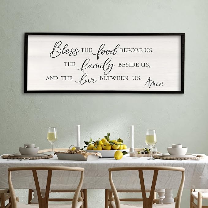 Surfapans Bless the Food Before Us Wall Decor, 40"X15" Farmhouse Dining Room Family Kitchen Sign, Christian Bible Verse Scripture Vintage Home Framed Wood Wall Art (Black)