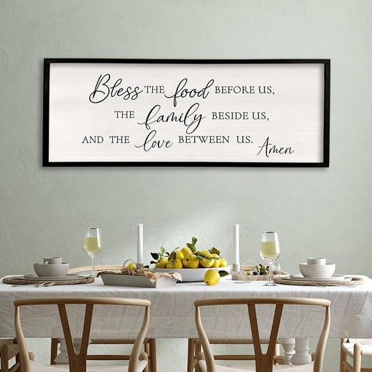 Surfapans Bless the Food Before Us Wall Decor, 40"X15" Farmhouse Dining Room Family Kitchen Sign, Christian Bible Verse Scripture Vintage Home Framed Wood Wall Art (Black)