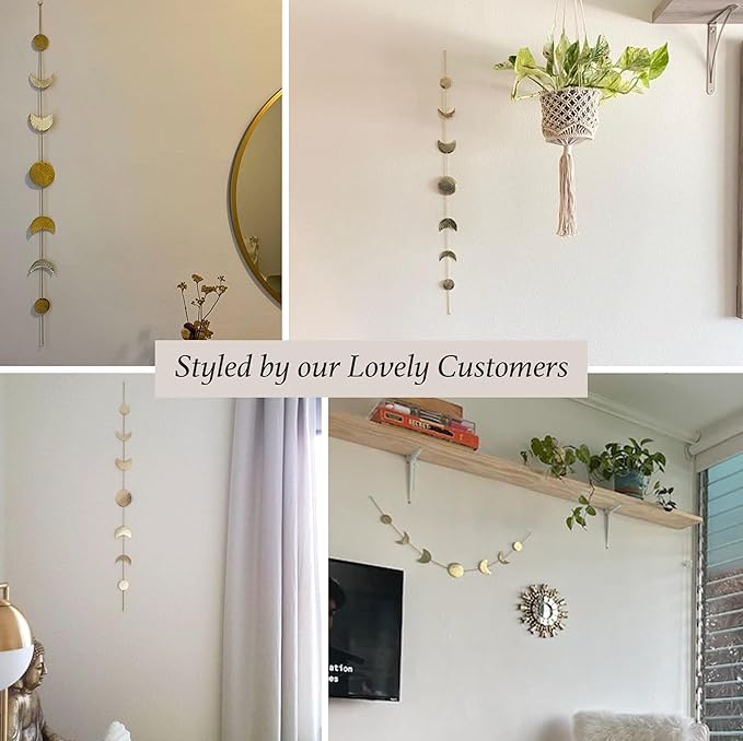 BASE ROOTS Moon Phase, Gold Wall Decor for Bedroom & Living Room, Bohemian Wall Decor, Handmade Hammered Metal 34" 7 Phases Moon, Celestial Wall Art, Gift for Women & Kids