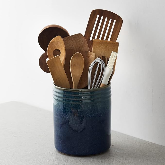 DOWAN 7.2" Kitchen Utensil Holder, Extra Large Farmhouse Utensil Holders for Countertop, Ceramic Utensil Crock, Anti Slip Cork Bottom (Multicolor, 7.2 Inch)