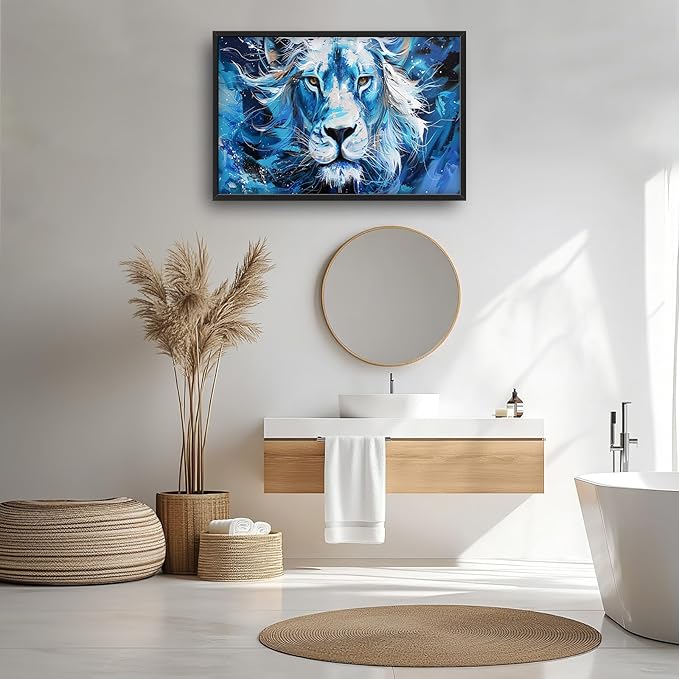 Framed Large Wall Art for Living Room, Lion Canvas Wall Decor, Blue Animal Pictures Painting, Modern Landscape Artwork for Bedroom Office 36L'' × 24W''
