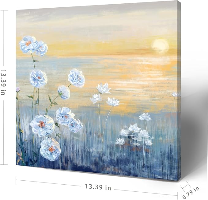 Bathroom Decor Wall Art Blue Ocean Sunset Seascape Painting Seaside Wildflowers Picture Abstract Coastal Canvas Print Natural Scenery Sunrise With Yellow Orange Sky Landscape Framed Artwork 14x14inch