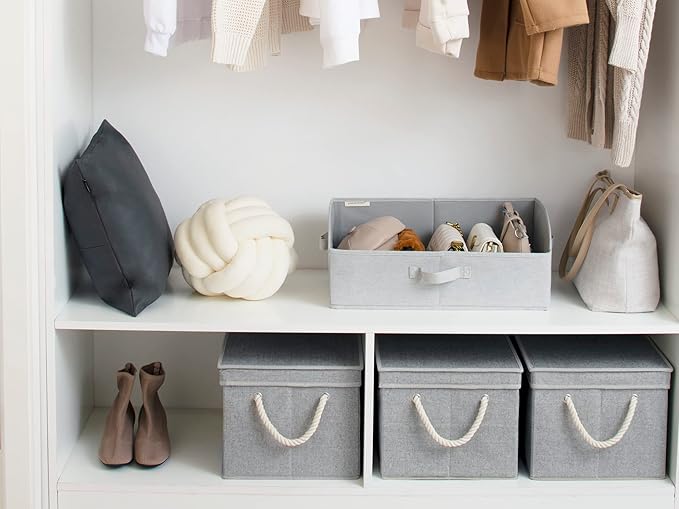 StorageWorks Storage Bins with Lids, Decorative Storage Boxes with Lid and Soft Rope Handles, Foldable Storage Baskets for Closet, Shelves, Stackable, 3-Pack, Gray, Jumbo