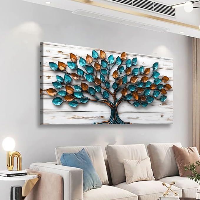 Tree of Life Teal Gold Tree Leaves Pictures Canvas Wall Art for Living Room Office Bedroom Abstract Wall DecorArt Print Paintings Modern Metal Tree Wood Plank Artwork Waterproof to Hang-20x40inch