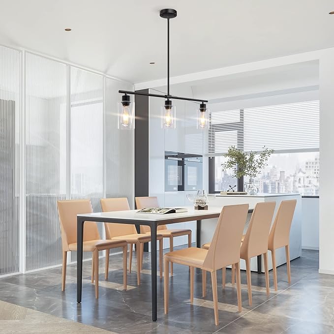 Kitchen Island Lighting, 3 Lights Linear Chandeliers Rectangle Pendant Light Fixtures for Dining Room Farmhouse Hanging Light with Glass Shades(Black)