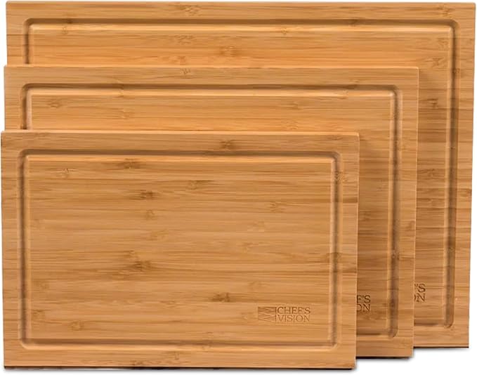 Chef's Vision Bamboo Cutting Board Set - 3-Piece Organic Wooden Cutting Boards for Kitchen - Durable, Non-Toxic, and Eco-Friendly Bamboo Chopping Board - Extra Large, Large, and Medium Sizes