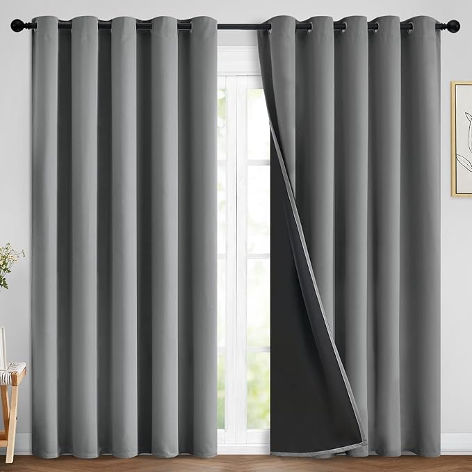 Yakamok 100% Blackout Curtains 84 Inches Long, 2 Thick Layers Heat and Full Light Blocking Soft Thermal Insulated Drapes for Bedroom(70" Wide Each Panel, Grey, 2 Panels)