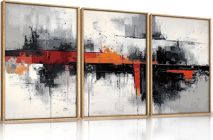 HOURIA Modern Abstract Framed Canvas Wall Art Set,Neutral Black and Orange Wall Decor,Textured Gray White Wall Painting,Pastel Strokes Art Prints for Living Room, Bedroom, Farmhouse-24 x36 x3