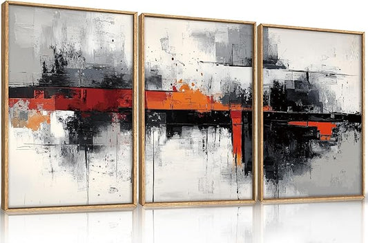 HOURIA Modern Abstract Framed Canvas Wall Art Set,Neutral Black and Orange Wall Decor,Textured Gray White Wall Painting,Pastel Strokes Art Prints for Living Room, Bedroom, Farmhouse-24 x36 x3