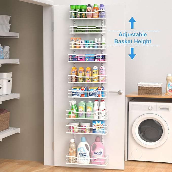 9-Tier Over The Door Pantry Organizer, Metal Pantry Organizers and Storage with Adjustable Basket, Spice Rack Seasoning Shelves, Over the Door Organizer for Pantry Kitchen Laundry, White