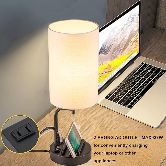 Dreamholder Touch Control USB Table Lamp, Upgraded 3-Way Dimmable Bedside Desk Lamp with USB C & A Charging Ports and AC Outlet, Nightstand Lamp for Bedroom, Dimmable 9W LED Bulb Included