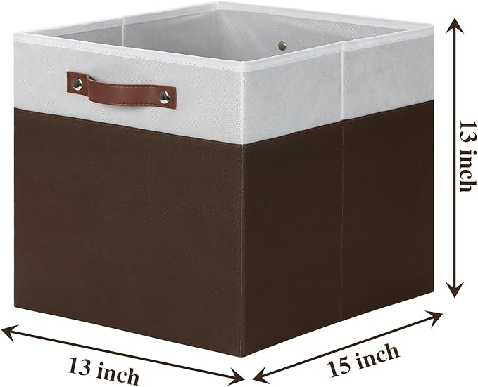 Temary Foldable Cube Baskets 4Pack - Shelf Storage Bins with Handles, Fabric Storage Organizer for Clothes, Home (White&Brown, 13x15x13 Inch)