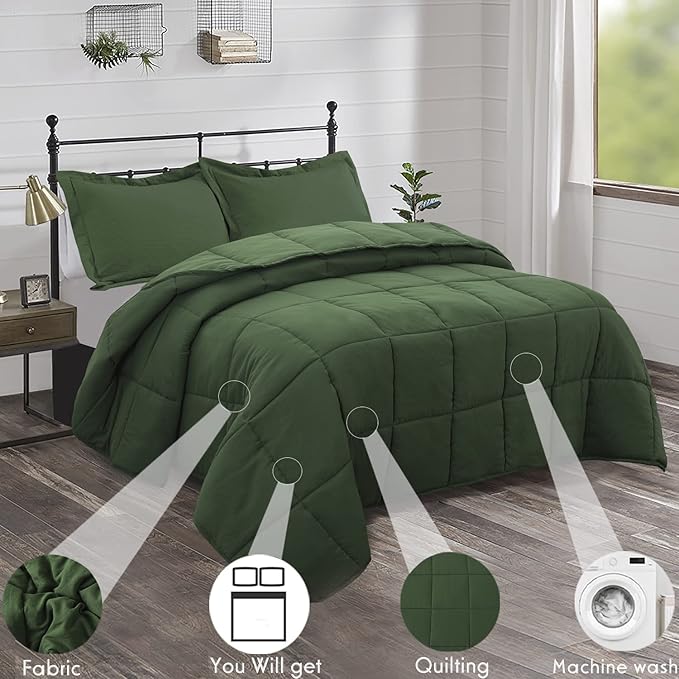 HIG 3pc Prewashed Green King Size Comforter Duvet Insert - All Season Quilted Down Alternative Comforter with Corner Tabs -Box Stitched - 250GSM Fiberfill Farmhouse Style Bedding(Salomon)