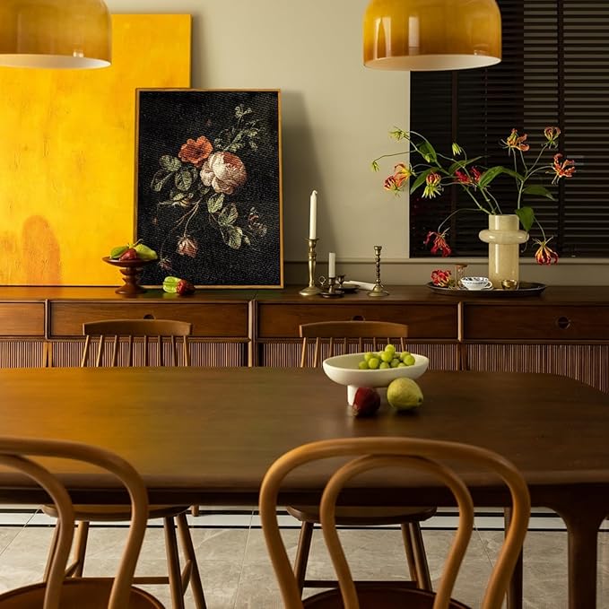 crmotu Vintage Framed Wall Art, Botanical Floral Canvas Art Prints, Still Life Rose Rustic Farmhouse Decor, Antique Flower Black Wall Pictures for Living Room Bedroom Bathroom Office Artwork 16x24in