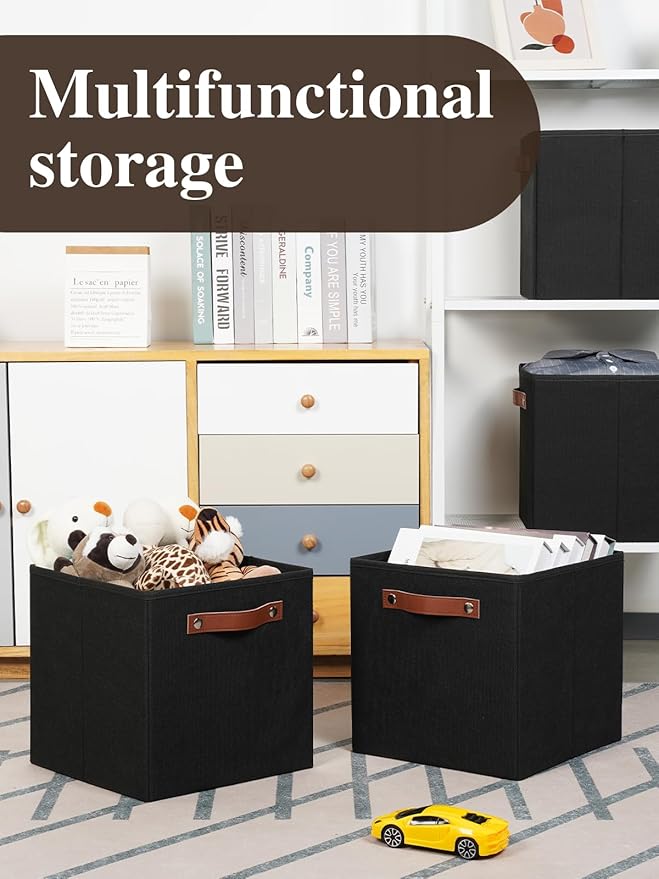 Temary 11x11 Storage Cubes Fabric Cube Storage Bins with Handles Clothes Storage Boxes Baskets for Organizing Home, Shelf, Closet (Black, 11 x 11 x 11)
