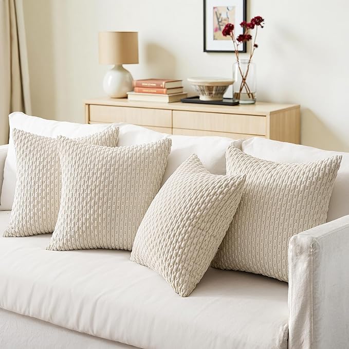 MIULEE Throw Pillow Covers Soft Couch Decorative Set of 4 Boho Striped Cushion Covers Corduroy Pillowcases Farmhouse Home Decor for Couch Bed Sofa Living Room 18x18 Inch Beige