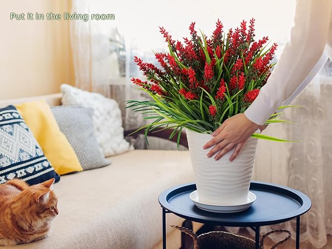 RECUTMS Fake Grass Plant,Fake Plants Outdoor, Artificial Grass, UV Resistant Fake Bushes Plastic Artificial Greenery Shrubs, Faux Greenery for House Garden Patio Front Porch Indoor Decor(Red)