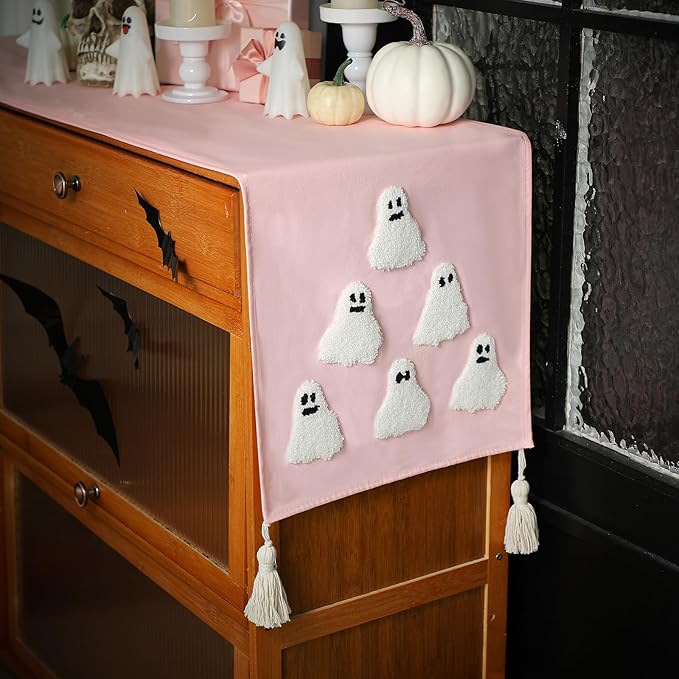 Breling Halloween Ghost Table Runner Jacquard Cute Ghost Halloween Dinner Table Runner Fall 3D Embroidered Kitchen Dining Decoration for Kitchen Farmhouse Holiday Party Decor 13x72" (Pink)