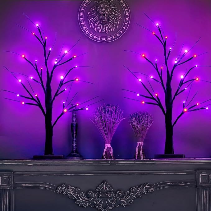 Halloween Decorations Indoor, 2-Pack 2FT Lighted Black Halloween Tree with 48 LED Orange & Purple Lights, Timer Function Battery Operated Halloween Trees Lights Spooky Tree for Tabletop Home Party