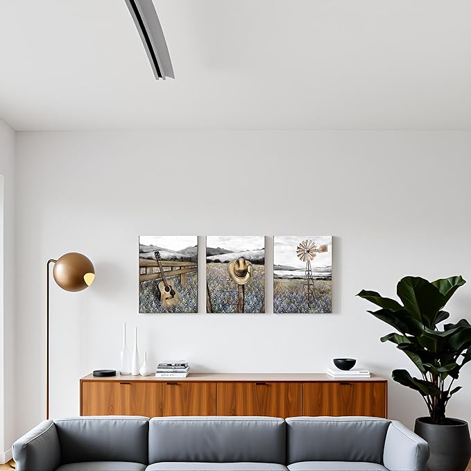 sechars Farmhouse Landscape Painting Canvas Texas Bluebonnets Field Wall Art Rustic Countryside Windmill Pictures Cottagecore Bedroom Bathroom Decor