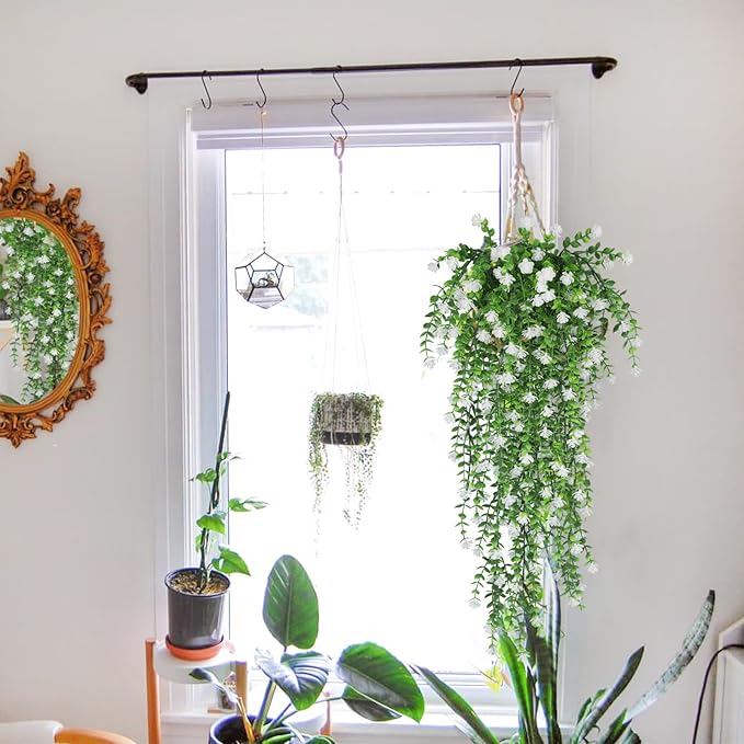 SJL 4pcs Fake Hanging Plants Realistic Artificial Outdoor Flowers Hanging Greenery Artificial Ivy Vine Leaves Faux Green Plastic Plants Greenery Flowers Green Leaf Decor for Wall Home (White)
